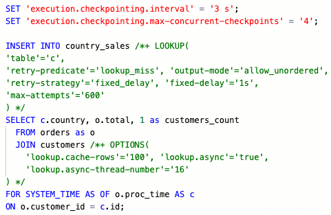 Flink SQL code to get the revenue per country